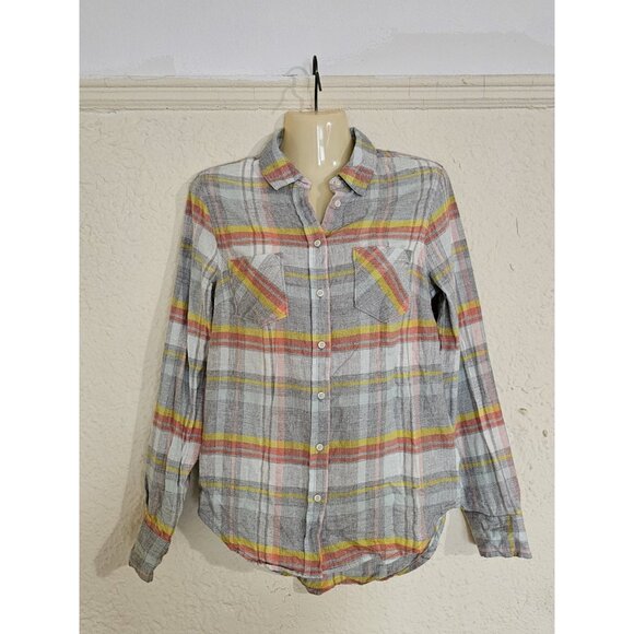 Merona Women's Size XS Blue Orange Yellow Plaid Flannel Shirts Pockets New - Picture 10 of 12